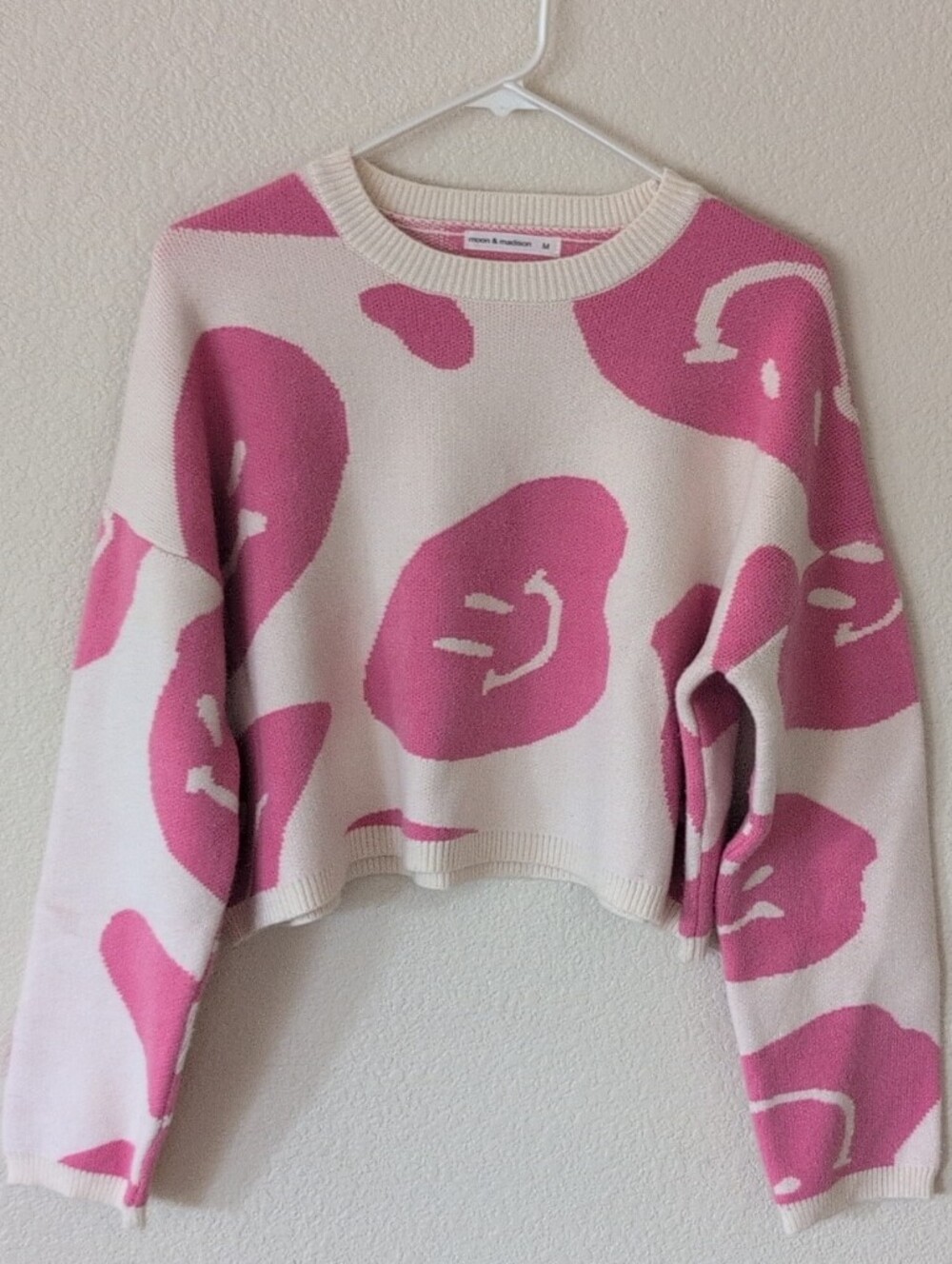 moon & madison Pink and Cream Smiley Crewneck Sweater